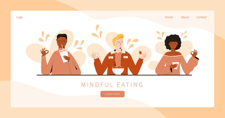 Set of people practicing mindful eating exercise. Concept illustration for meditation, relax, recreation, healthy lifestyle, mindfulness practice. Landing page, banner design