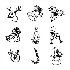 Hand-drawn Christmas icons. New year collection icons.