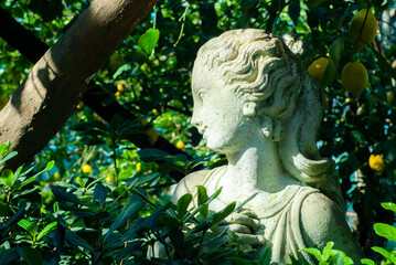 Female statue guarding a lemon grove