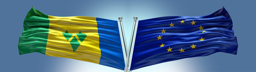 Double Flag European Union vs Saint Vincent and The Grenadines flag waving flag with texture...