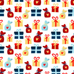 Seamless vector pattern with colorful gifts on a white background. Vector illustration for new year and Christmas, packaging, gifts.