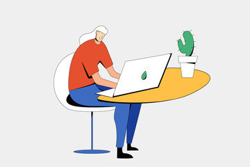 Modern flat illustration of girl programmer at work table with laptop. Female character works on a computer. Yellow spot, bright design, modern cactus.