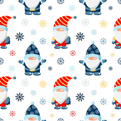 Seamless vector pattern with Christmas gnomes and snowflakes on a white background. Blue and red dwarf, vector illustration for kids