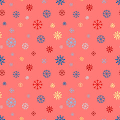 Seamless vector pattern with multi-colored snowflakes on a pink background. Vector illustration for new year and Christmas, packaging, gifts.