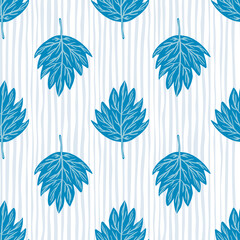 Obraz premium Scrapbook seamless pattern with botanic bright blue leaf ornament. Striped light background.
