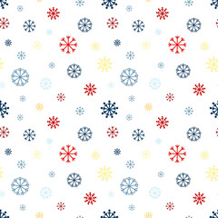 Seamless vector pattern with multi-colored snowflakes on a white background. Vector illustration for new year and Christmas, packaging, gifts.