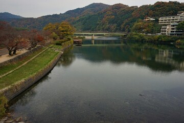 Fototapeta na wymiar View Of Nishiki river from Kintai bridge in Iwakuni, Yamaguchi prefecture, Japan - 山口県 錦川 田園風景 