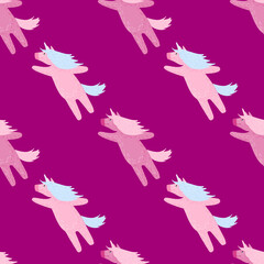 Bright seamless kids pattern with creative unicorn silhouettes. Pink background. Magic print.