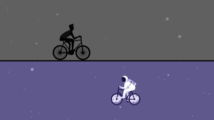 Two bicyclists riding a bike in space and on the road at night  illustration.