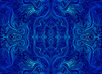 Vintage psychedelic trippy colorful fractal pattern. Gradient blue cyan outline, isolated on dark blue colors.