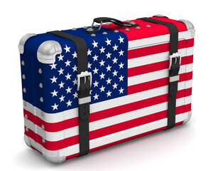 Stylish suitcase with the national Flag of the USA. Retro suitcase with the national Flag of the US stands on a white surface. 3D illustration