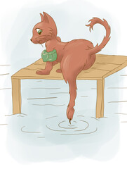 cat learning to swim- illustration with copy space