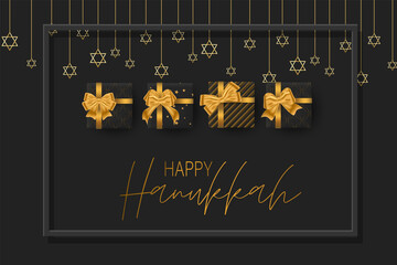 Fototapeta na wymiar Happy Hanukkah. Traditional Jewish holiday celebration. Chankkah banner background design concept. Judaic religion decor - black luxury gift boxes with golden ribbon, David Star. Vector illustration.