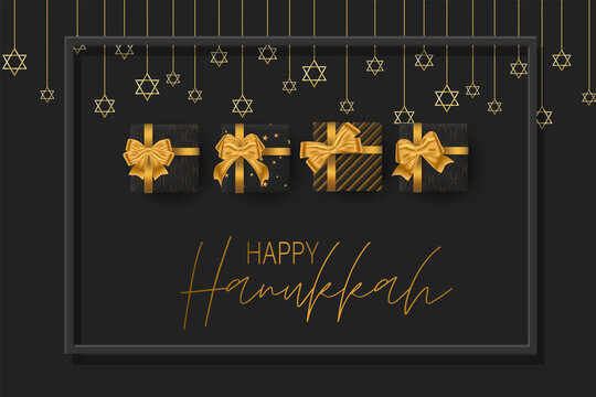 Happy Hanukkah. Traditional Jewish holiday celebration. Chankkah banner background design concept. Judaic religion decor - black luxury gift boxes with golden ribbon, David Star. Vector illustration. - Powered by Adobe