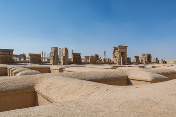 Ruins of the stone Gates in Persepolis, the ceremonial capital of the Achaemenid Empire, UNESCO...