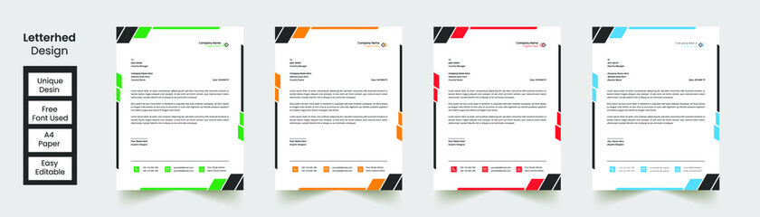 Multipurpose corporate businesses template with a4 size. stationery item modern letterhead. green, blue, red, and yellow with four color variations. 