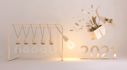 Happy New Year 2021 background with Golden 3D colored numbers. 3d rendering.