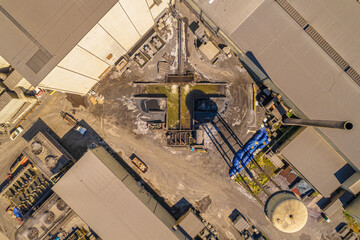 Overhead Aerial View of Industrial Metal Processing and Recycling Plant. Heavy Dirty Industrial. 