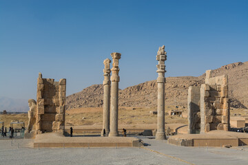 Ruins of columns in the Persepolis in Shiraz, Iran. The ceremonial capital of the Achaemenid...