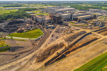 Overhead Aerial View of Industrial Metal Processing and Recycling Plant. Heavy Dirty Industrial. 