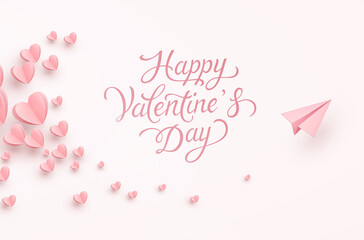 Valentine's Day greeting card. Paper flying airplane on pink background. Vector symbols of love, hearts with plane postcard