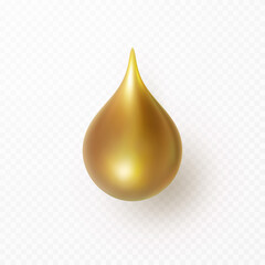 Oil bronzer drop isolated on transparent background. Golden self tanning cream, gold sun body lotion or bronzed serum. Vector bronze sunscreen product droplet