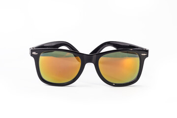 on white background. Sunglasses with yellow lenses. Close-up.