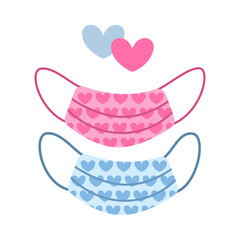 Paired face masks for Valentine's Day in flat style isolated on white background. Love elements for design of cards, stickers, invitations, banners. Vector illustration