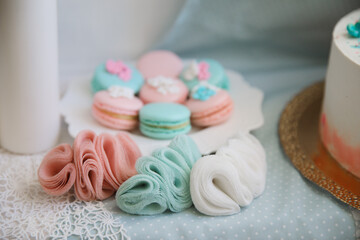 pink and turquoise macaroons and delicate jewelry made of chiffon.