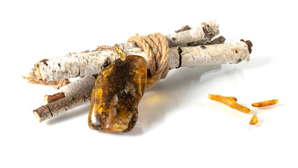 Beautiful big yellow and green old  Baltic amber pendant with inclusion of an ancient plant and...