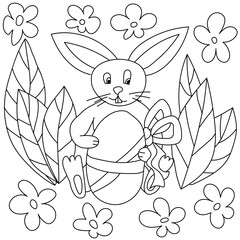 Easter bunny coloring page, cute eared bunny holding Easter egg with bow, coloring book for kids