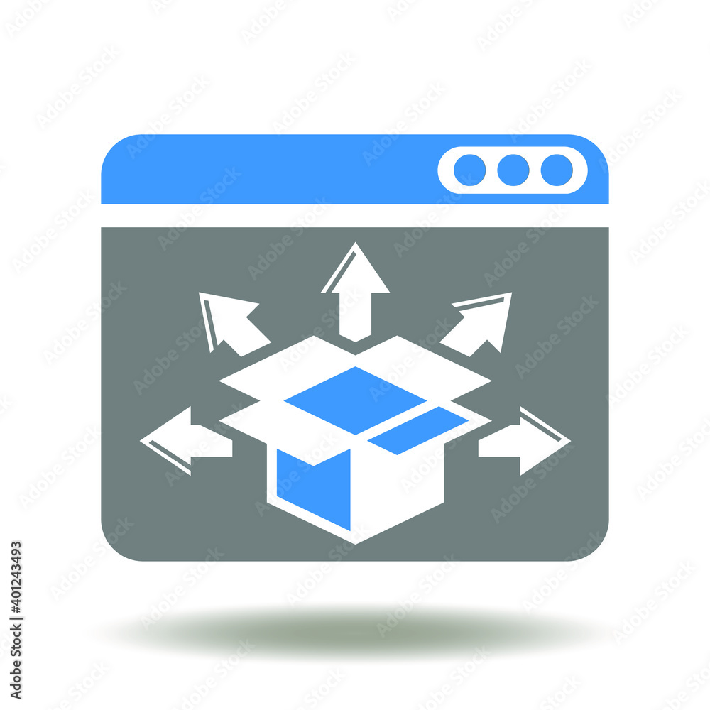 Poster website with opened cargo package and arrows different direction vector icon. online distribution se