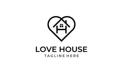 heart love with initial letter H and house home logo design template