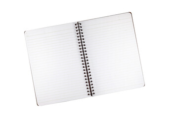 Open spiral notebook with blank sheets on a white background. View from above. Copy space.