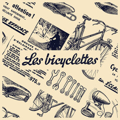 Les Bicyclettes means in french The Bicyle. Vintage newspaper collage with clipping mask on elements. - 401246452
