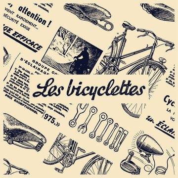 Les Bicyclettes means in french The Bicyle. Vintage newspaper collage with clipping mask on elements.