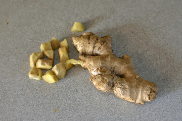 fresh Ginger root and slice isolated on white background. Top view. closeup shots with selective focus.