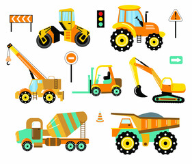Different types of toys heavy equipment and machinery isolated on white background. Road signs. Set of toy cars. Children's style. Vector illustration.