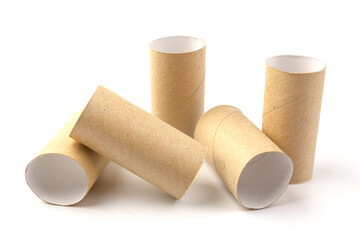 empty paper toilet rolls on white background