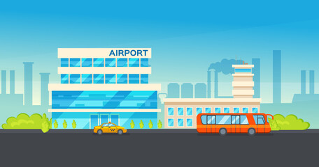 Airport terminal building and airplanes, taxi, car, loader. Airplane on the runway an urban landscape background. Modern architecture building airport. Public transport, taxi cars vector