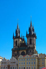 Fototapeta premium Prague Main square, Church of Our Lady before Tyn. Blue sky. Copy space