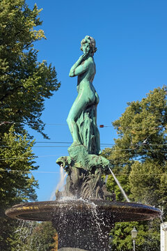 Helsinki, Finland. Havis Amanda fountain with statue of a mermaid at Market Square. The fountain was erected in 1908.