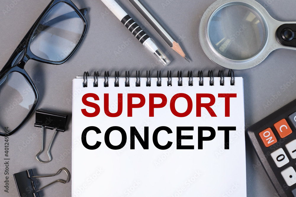 Poster support concept, text on white notepad paper on gray background near magnifier and calculator