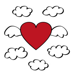 Red heart with wings and clouds in the sky