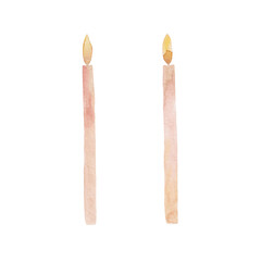 Hand drawn two watercolor candles. Isolated over white background. Tin candle, church, Easter.