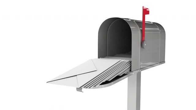 The door of the full mailbox opening and arrived letters dropping from them. Delivery mail and correspondence concept with retro postbox isolated on white background. Full inbox folder 3d animation.