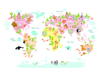 Vector map of the world with cartoon animals for kids. Europe, Asia, South America, North America, Australia, Africa. Lion, crocodile, kangaroo. koala, whale, bear, elephant, shark, snake, toucan. - 401249439