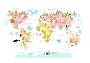 Print. Map of the world with cartoon animals for kids. Europe, Asia, South America, North America, Australia, Africa. Lion, crocodile, kangaroo. koala, whale, bear, elephant, shark, snake, touc - 401249449