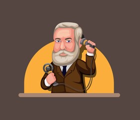 man holding classic telephone symbol for inventor of  communication technology concept in cartoon illustration vector
