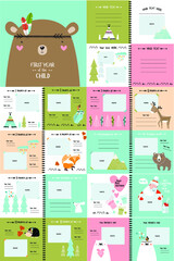 Vector photo book with cartoon animals for the children, "the first year of the child". Frames, stickers, poster, postcard, cover. Animals, fox, bear, wigwam, mountains, ascetic, aztec